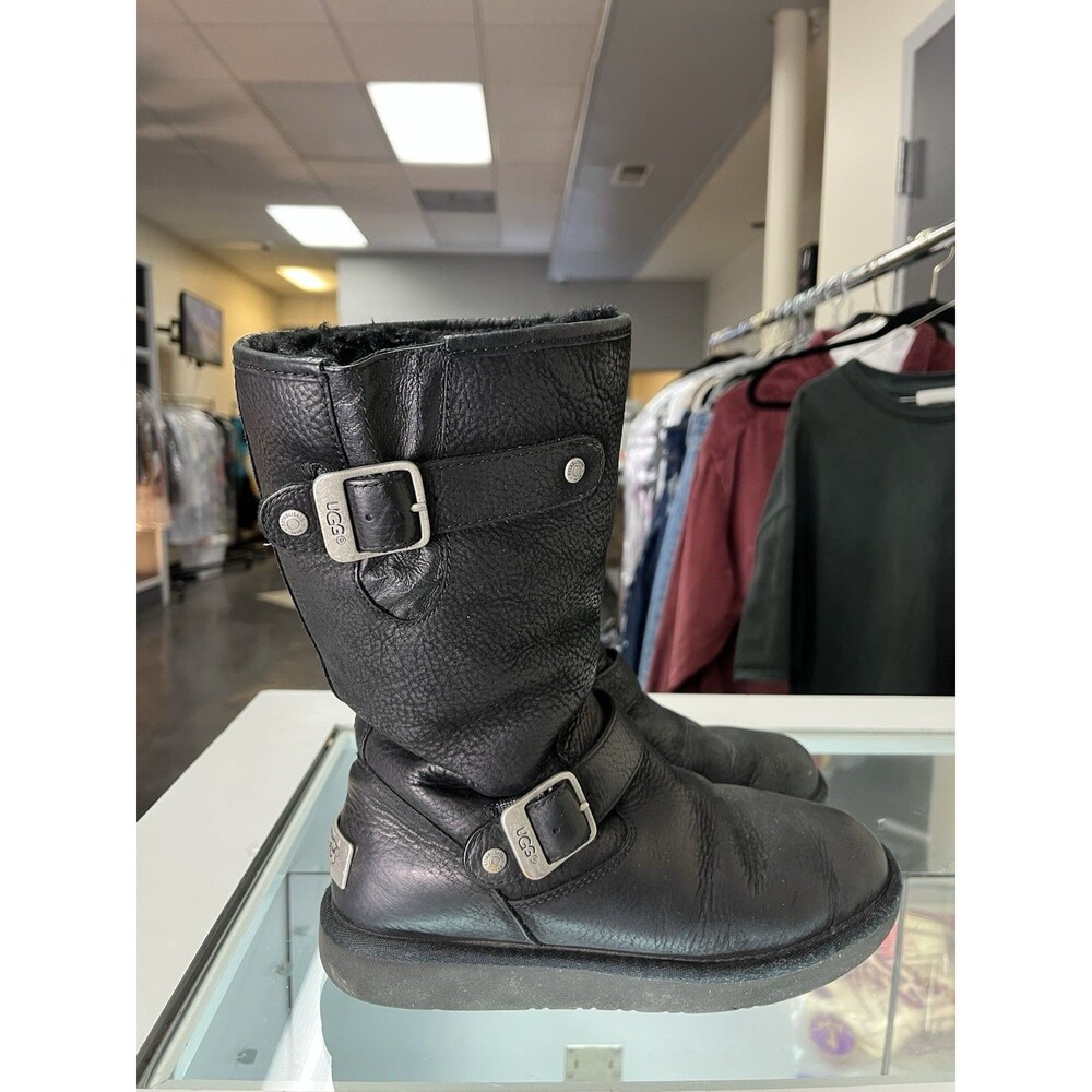 UGG Kensington Black Leather & Shearling Lined Moto Winter Boots Size 6